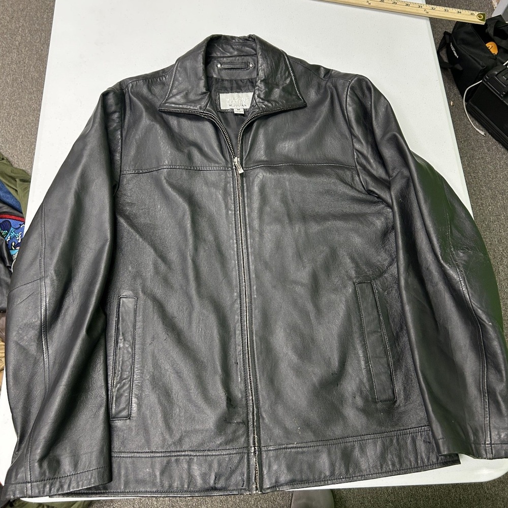 Wilsons Leather Jacket Mens M Black M. Julian Full Zip Point Collar Minimalist